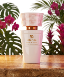 Flacon Olfazeta Extrait De Parfum Femme 70mL — corps blanc rosé avec bouchon marbre rose et col rose gold — posé sur un comptoir en bois, entouré de feuilles de monstera, d'orchidées et de bromélias fuchsia sur fond blanc lumineux.